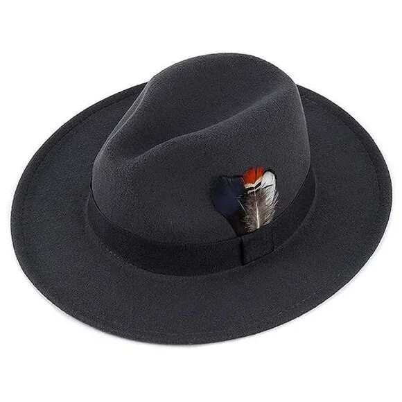 Classic Fedora Hats for Men Women Wide Brim Felt Hat A-dark Grey